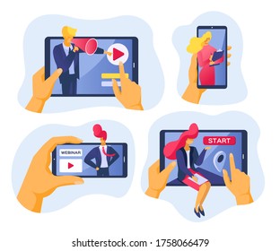 Online conference and internet webinar, vector illustration. Business people with web video technology, communication in computer concept. Digital flat call on screen, meeting design.
