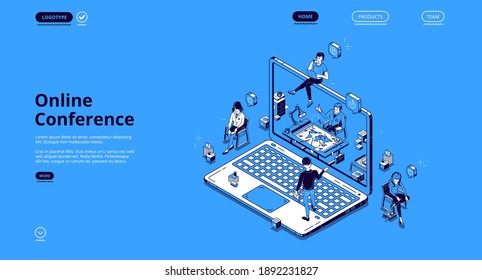 Online Conference Isometric Landing Page, Tiny Business People Communicate Via Internet Video Call At Huge Laptop. Virtual Meeting With Colleagues, Distant Workplace 3d Vector Line Art Web Banner