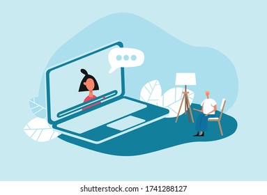 Online conference lesson school vebinar chat website in laptop program screen conversation vector illustration.