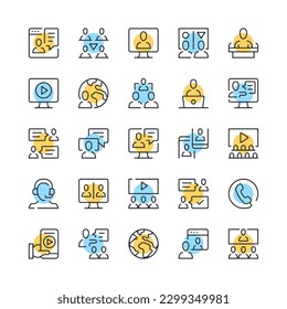 Online conference line icons. Set of video conference icons. Black, blue and yellow colors. Modern outline graphic design. Vector line icons set