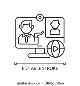 Online conference linear icon. Remote meeting. Video call. Chat on computer screen with colleague. Thin line customizable illustration. Contour symbol. Vector isolated outline drawing. Editable stroke