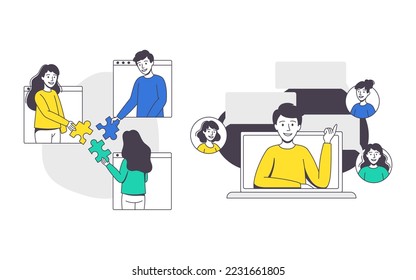 Online Conference with Man and Woman Talking Via Internet Platform Outline Vector Set