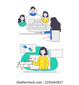 Online Conference with Man and Woman Talking Via Internet Platform Outline Vector Set