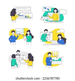 Online Conference with Man and Woman Talking Via Internet Platform Outline Vector Set