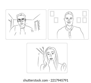 Online Conference Meeting Of Three People Vector Storyboard