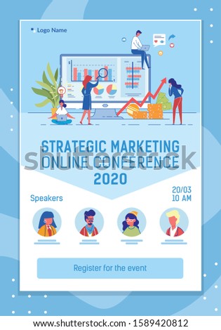 Online Conference Mobile Web Banner Flat Template. Strategic Marketing Annual Report Landing Page Vertical Cartoon Vector Layout. Webinar, Presentation. Business Event Internet Invitation