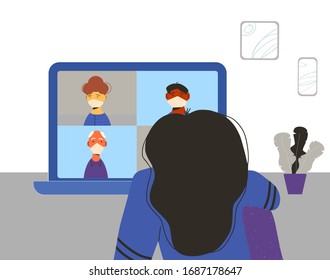 Online conference. People on computer screen talking with friends. Persons working online from home. Social distancing and self-isolation during coronavirus quarantine. Vector color flat illustration.