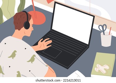 Online conference, remote work or student learns online, watching the lesson on the laptop screen.