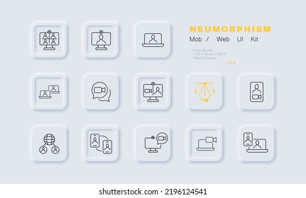 Das Symbol für Online-Tagungen. Computer, Laptop, Telefon, Kamera, Fernarbeit, Fernunterricht, Briefing, Vortrag, Sitzung. Konzept der Online-Kommunikation. Neomorphismus-Stil. Vektorliniensymbol für Business.