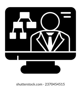 Online conference with teacher solid icon, online education concept, webinar training sign on white background, Educational video on computer screen icon in glyph style. Vector graphics