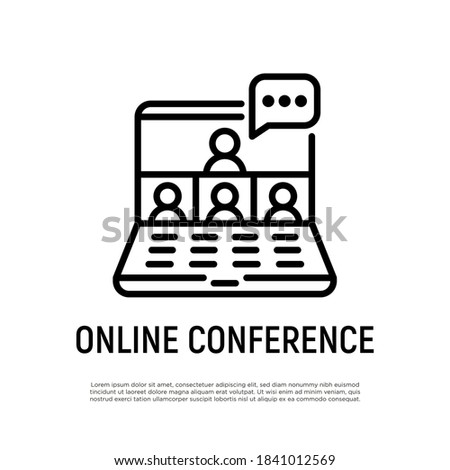 Online conference thin line icon. Video call on laptop, a few people talking. Webinar, online meeting, distant learning. Vector illustration.