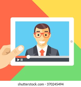 Online conference, online tutorials, webinar, web consultation, watching video flat illustration. Hand holds tablet. Modern flat design for web banners, website, printed materials. Vector illustration