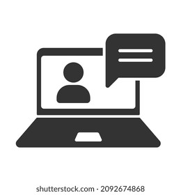 Online-Konferenz, Vektorsymbol einzeln auf weißem Hintergrund. Laptop mit Person- und Sprachblase-Vektorgrafik für Web-, Mobil-App und i-Design
