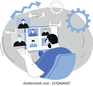 Online conference. Vector illustration of online project discussion. Male freelancer working remotely