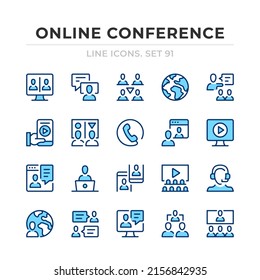 Online conference vector line icons set. Thin line design. Outline graphic elements, simple stroke symbols. Online conference icons