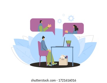 Online conference. Video call with collegues. Work from home. Woman sitting at laptop and have a conversation with friends. Freelancer using her computer for a job. Vector flat illustration.