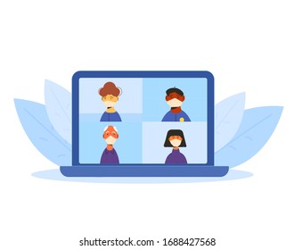 Online conference. Video call. Family distance communication. Group of coworkers taking part in video conference. Social distancing and self-isolation during coronavirus quarantine. Vector flat.