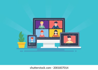 Online conference, video call, teamwork, webinar, people at online meeting, work from home - conceptual flat design vector illustration with characters