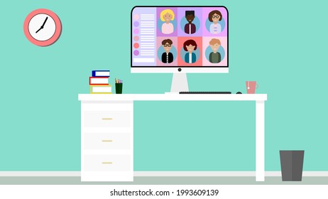 Online conference video call, working from home during quarantine due to Covid-19 Coronavirus. Vector illustration for videoconference, remote work, technology concept.