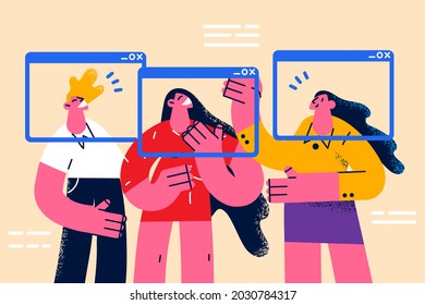 Online conference and video chat concept. Group of young people cartoon characters holding smartphones screens during online meeting at pandemic and quarantine vector illustration 