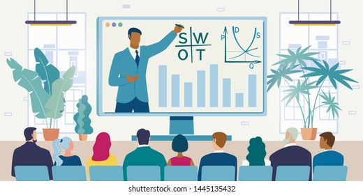 Online Conference, Video Seminar or Business Meeting Flat Vector Concept. Lecturer, Business Coach, Company Leader Conducting Distant Meeting, Project Presentation for Company Employees Illustration