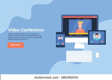 Online conference, Video conference using multiple devices, Digital visual communication - flat design vector illustration with icons