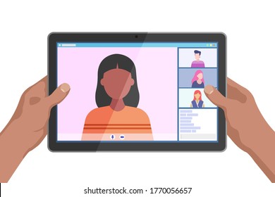 Online conference and videocall concept. Application for video meeting online Hand holds tablet. Vector illustration isolated on white background.