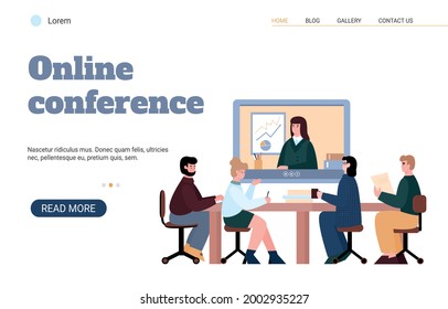 Convenciones en línea y el concepto de chat de trabajo virtual de la página web, ilustración vectorial de dibujos animados. Tecnología de comunicación de vídeo para negocios y ocupación a distancia.