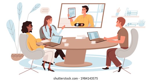 Online conference web concept in flat style. Business meeting of employees via video call. Colleagues discuss work tasks. People character activities scene. Vector illustration for website template