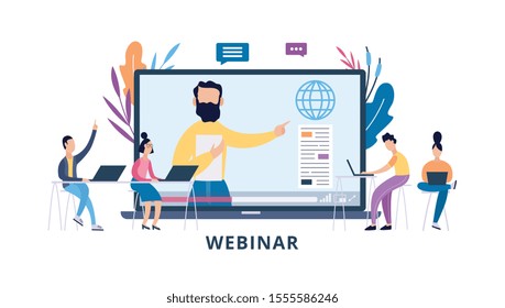 Online conference, webinar or seminar concept with cartoon people characters learning remotely via computer, flat vector illustration isolated on white background.