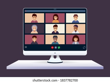 Online conference. Work form home. Lessons with people. Web translation. Vector illustration design.