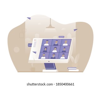 Online conference and work meeting in a computer. Vector illustration with Web communication idea for telework, remote working and freelancing concept