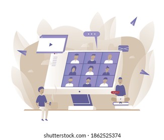 Online conference and work meeting in a computer. Vector illustration with Web communication idea for business, start up, marketing, telework, remote working and freelancing concept