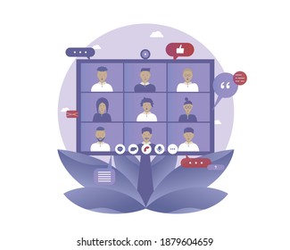 Online conference and work meeting in a computer. Vector illustration with Web communication idea for telework, remote working and freelancing concept
