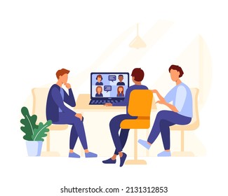 Conferencia en línea en el trabajo.  Estudiando en línea. Estudiantes o trabajadores que hablan en línea por videollamada en una laptop. Encuentro en línea de colegas o grupo de amigos. Ilustración vectorial aislada en blanco.