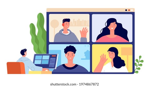 Online conference. Young client meeting, home business webinar. Executive web call, businessman video chat. Group on monitor utter vector concept