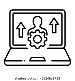 Online configuration concept showing a laptop with user profile, settings gear and upload arrows. Ideal for software installation or account management themes.