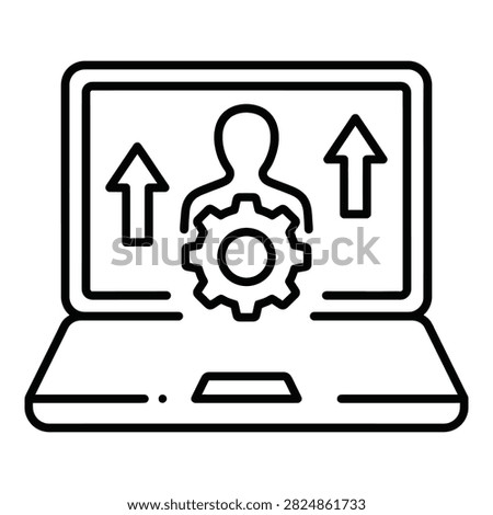 Online configuration concept showing a laptop with user profile, settings gear and upload arrows. Ideal for software installation or account management themes.