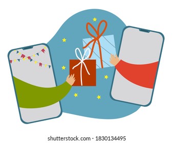 Online Congratulations. Online Gift Exchange. Conceptual Illustration With Two Smartphones From Which Hands Are Holding Out Gifts.