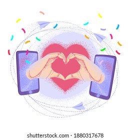 Online congratulations, holiday meeting, virtual hugs. Vector with phones, arms and heart, confetti. Social media connection. Social distance.