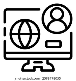 Online Connection Icon: A simple illustration depicts a computer monitor displaying a globe and a user profile icon, representing digital connections and online presence. Digital identity icon