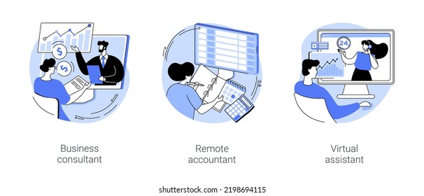 Consultoría en línea aislada ilustraciones de vectores de dibujos animados conjunto. Cliente de reunión de consultor de negocios, servicio de contador remoto, cita de programación de asistente virtual, cartografía de vector de trabajo independiente.