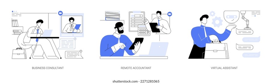 Online consultancy services abstract concept vector illustration set. Business consultant, remote accountant with laptop, virtual assistant, online bookkeeping, financial advisor abstract metaphor.