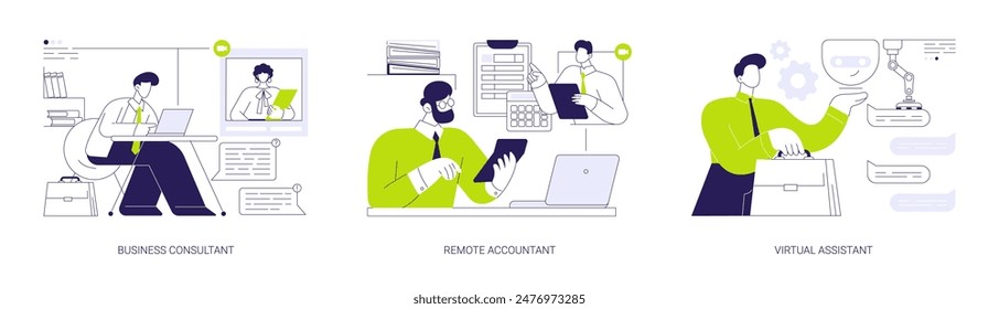 Online consultancy services abstract concept vector illustration set. Business consultant, remote accountant with laptop, virtual assistant, online bookkeeping, financial advisor abstract metaphor.