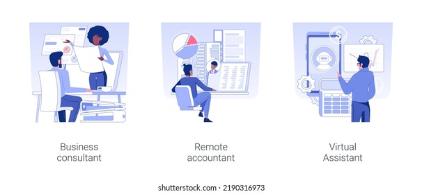 Online consultancy services isolated concept vector illustration set. Business consultant, remote accountant with laptop, virtual assistant, online bookkeeping, financial advisor vector cartoon.