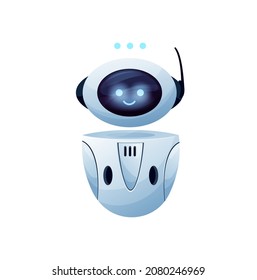 Online consultant chat bot funny robot assistant with glowing eyes and smile isolated chatbot helper and message points sign. Vector customer support service assistant character with antenna