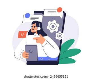 Online consultant consulting via customer service phone app. Professional assistance and support. Consultation with digital mobile application. Flat vector illustration isolated on white background