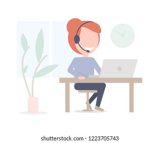 Online consultant girl. Call center worker by computer. Minimalistic illustration.