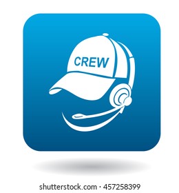 Online consultant male icon in flat style in blue square. Service symbol