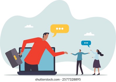 Online consultant, manager giving advice on remote work, online conference or communicate with team via internet .business concept.flat character.